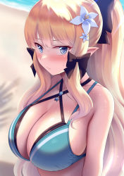 Rule 34 | 1girl, aqua bikini, backlighting, bikini, blonde hair, blue eyes, blurry, blush, breasts, cross-laced bikini, cross-laced clothes, depth of field, elf, embarrassed, flower, frown, hair ornament, highres, large breasts, layered bikini, long hair, looking at viewer, pointy ears, ponytail, princess connect!, saren (princess connect!), saren (summer) (princess connect!), solo, sweat, swimsuit, very sweaty, yue (show-ei)