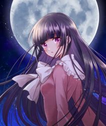 Rule 34 | 1girl, black hair, blunt bangs, blush, bow, bowtie, breasts, closed mouth, commentary request, eyelashes, frilled shirt collar, frills, full moon, hime cut, houraisan kaguya, japanese clothes, lips, long hair, long sleeves, looking at viewer, looking back, medium breasts, moon, night, okawa friend, pink shirt, purple eyes, shirt, sidelocks, solo, standing, tearing up, tears, touhou, white bow, white bowtie