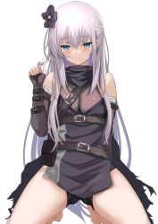 Rule 34 | 1girl, absurdres, bare shoulders, barefoot, belt, bike shorts, blue eyes, blush, breasts, brown belt, chest belt, closed mouth, commission, elbow gloves, fingerless gloves, flower, gloves, grey gloves, grey hair, hair between eyes, hair flower, hair ornament, twirling hair, hand up, highres, kesoshirou, kneeling, long hair, looking at viewer, medium breasts, original, simple background, skeb commission, solo, very long hair, white background