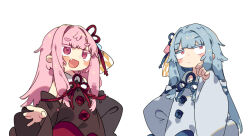 Rule 34 | 2girls, \||/, black dress, black sleeves, blue hair, blush stickers, chibi, closed mouth, commentary request, constricted pupils, detached sleeves, dress, fang, finger to own chin, flower knot, grey dress, grey sleeves, hair ribbon, jitome, karei, kotonoha akane, kotonoha aoi, long sleeves, looking ahead, looking to the side, looking up, low-tied sidelocks, multiple girls, neck ribbon, pink hair, red eyes, red ribbon, ribbon, sanpaku, short eyebrows, siblings, sidelocks, simple background, sisters, sleeveless, sleeveless dress, smile, thick eyebrows, upper body, voiceroid, white background