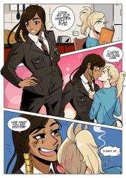 Rule 34 | 2girls, bilingual, black eyes, blonde hair, blue eyes, blush, blush stickers, brown hair, casual, comic, commentary, couple, dark-skinned female, dark skin, embarrassed, english commentary, english text, eye of horus, facial tattoo, german text, grin, highres, interracial, mercy (overwatch), military, military uniform, mixed-language text, multiple girls, necktie, necktie grab, neckwear grab, overwatch, overwatch 1, pharah (overwatch), ponytail, smile, superrisu, swept bangs, tattoo, thick eyebrows, uniform, yuri