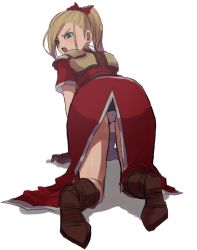Rule 34 | 1girl, ass, back, blonde hair, boots, bow, dragon quest, dragon quest heroes, gloves, green eyes, kometubu0712, long hair, meer (dqh), open mouth, ponytail, simple background, solo, white background