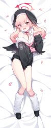 Rule 34 | 1girl, @ @, absurdres, bed sheet, beret, black hat, black serafuku, black wings, blue archive, blush, collarbone, commentary, covering crotch, covering privates, dakimakura (medium), dlgustkdsla, embarrassed, feathered wings, from above, full body, grey wings, halo, hat, head wings, highres, koharu (blue archive), loafers, long hair, long sleeves, looking at viewer, loose socks, low wings, lying, neckerchief, no pants, off shoulder, on back, open mouth, panties, petals, pink eyes, pink hair, pink halo, pink neckerchief, romaji commentary, sailor collar, school uniform, serafuku, shoes, single bare shoulder, sleeves past wrists, socks, solo, sweatdrop, tearing up, twintails, underwear, wavy mouth, white panties, white sailor collar, winged hat, wings