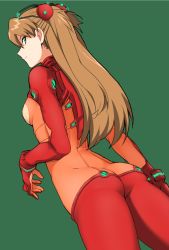 Rule 34 | 1girl, arms at sides, ass, bodysuit, bracer, breasts, brown hair, butt crack, closed mouth, dutch angle, evangelion: 2.0 you can (not) advance, from side, gloves, glowing, green background, green eyes, hairpods, hatakenaka (kamagabuchi), headgear, highres, interface headset, long hair, looking at viewer, looking back, medium breasts, multicolored clothes, neon genesis evangelion, neon trim, pilot suit, plugsuit, profile, rebuild of evangelion, see-through, simple background, skin tight, solo, souryuu asuka langley, standing, test plugsuit, thighs, turtleneck, two side up