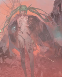 Rule 34 | 1girl, absurdres, android, aqua hair, blood, blood on face, breasts, cape, floating hair, hair ornament, hatsune miku, heterochromia, highres, long hair, masaki (ekakiningen), naked cape, navel, nipples, no pussy, nude, open mouth, orange eyes, power lines, red sky, ruins, sky, small breasts, smile, solo, torn cape, torn clothes, twintails, very long hair, vocaloid