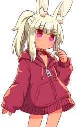 Rule 34 | 1girl, animal ear fluff, animal ears, blonde hair, blush, closed mouth, collar, commentary request, drawstring, etrian odyssey, heart, heart-shaped pupils, highres, hood, hood down, hooded jacket, jacket, long hair, long sleeves, looking at viewer, masurao (sekaiju), naga u, ponytail, puffy long sleeves, puffy sleeves, rabbit ears, red collar, red eyes, red jacket, revision, sekaiju no meikyuu, sekaiju no meikyuu 5, short eyebrows, simple background, sleeves past wrists, solo, standing, symbol-shaped pupils, tan, thick eyebrows, white background