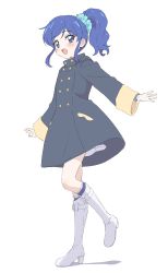 Rule 34 | 1girl, :d, absurdres, aikatsu!, aikatsu! (series), black coat, blue scrunchie, blush, boots, buttons, coat, double-breasted, full body, hair ornament, hair scrunchie, high heel boots, high heels, highres, kiriya aoi, long sleeves, looking at viewer, open mouth, scrunchie, simple background, sincos, smile, solo, standing, standing on one leg, white background, white footwear