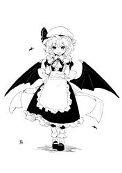 Rule 34 | 1girl, alternate costume, apron, back bow, bat wings, black dress, blush, bobby socks, bow, commentary request, dress, enmaided, fang, frilled apron, frilled shirt, frilled shirt collar, frills, greyscale, hat, hat ribbon, highres, long dress, maid, mary janes, mob cap, monochrome, open mouth, pointy ears, puffy short sleeves, puffy sleeves, remilia scarlet, ribbon, shirt, shoes, short hair, short sleeves, simple background, smile, socks, solo, tanasuke, touhou, vampire, waist apron, white background, wings, wrist cuffs