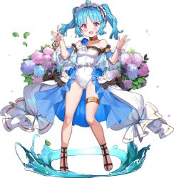 Rule 34 | 1girl, :d, ahoge, ankle cuffs, ark order, artist request, bare shoulders, blue bow, blue flower, blue hair, blush, bow, bracelet, breasts, bridal garter, choker, clotho (ark order), detached sleeves, flower, frills, hair bow, holding, hydrangea, jewelry, leaf, leotard, maid headdress, medium hair, official art, open mouth, pink eyes, sandals, short sleeves, sidelocks, skirt, small breasts, smile, solo, spool, tachi-e, thighlet, thread, transparent background, twintails, water, white leotard, white skirt