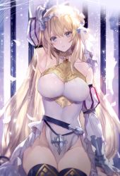 Rule 34 | 1girl, ahoge, arm up, armpits, bad id, bad twitter id, bare shoulders, belt, blonde hair, blue eyes, breasts, choker, collarbone, covered navel, detached sleeves, doushite, feathers, gauntlets, granblue fantasy, hair ornament, highres, jeanne d&#039;arc (granblue fantasy), large breasts, long hair, sitting, solo, thighhighs