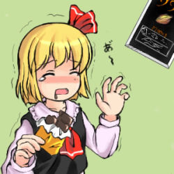 Rule 34 | 1girl, ascot, blonde hair, blush, candy, chocolate, chocolate bar, embodiment of scarlet devil, closed eyes, female focus, food, frills, green background, lowres, meiji (brand), red eyes, rumia, saliva, solo, touhou, trembling