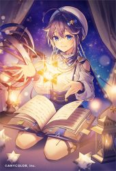 Rule 34 | 1girl, ahoge, bare shoulders, blue eyes, blue skirt, blue socks, blurry, bokeh, book, buttons, cape, closed mouth, clothing cutout, commentary, crossed bangs, depth of field, frills, glowing, gold trim, hair between eyes, hair ornament, hands up, high-waist skirt, highres, knees, lantern, legwear garter, light, light particles, nijisanji, no shoes, open book, oshioshio, shirt, shoulder cutout, skirt, smile, socks, solo, sorahoshi kirame, sparkle, star (symbol), stellated octahedron, suspender skirt, suspenders, virtual youtuber, white headwear, white shirt