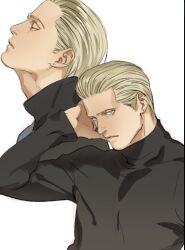 Rule 34 | 1boy, albert wesker, blonde hair, blue eyes, closed eyes, closed mouth, earrings, highres, jewelry, male focus, muscular, muscular male, non-web source, resident evil, shirt, tatsumi (psmhbpiuczn), turtleneck