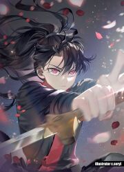 Rule 34 | 1boy, artist name, black hair, c.seryl, cherry blossoms, chungmyung, holding, holding sword, holding weapon, korean commentary, long hair, long sleeves, male focus, motion blur, outstretched arms, petals, ponytail, red eyes, return of the mount hua sect, serious, solo, sword, weapon