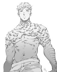 Rule 34 | 1boy, animal hands, artist name, dated, dungeon meshi, feathers, friendlyaxe, greyscale, highres, laios touden, laios touden (chimera), looking at viewer, male focus, monochrome, monster boy, parted lips, short hair, signature, simple background, solo, topless male, upper body, very short hair, white background