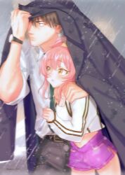 Rule 34 | 1boy, 1girl, absurdres, black coat, blush, brown hair, coat, cropped shirt, hand on another&#039;s shoulder, hetero, highres, idolmaster, idolmaster cinderella girls, improvised umbrella, jougasaki mika, looking ahead, looking at another, midriff, outdoors, pink footwear, pink hair, producer (idolmaster), producer (idolmaster cinderella girls anime), rain, sasari 7, shared clothes, shirt, watch, water drop, white shirt, wristwatch