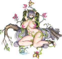 Rule 34 | 1girl, @ @, absurdly long hair, armpits, arms up, barefoot, blush, bodypaint, branch, breasts, breasts apart, breasts squeezed together, broken bottle, cameltoe, carnivorous plant, circe (last origin), collar, collarbone, convenient censoring, curvy, defeat, detached collar, feet, flower, flower bikini, flower censor, full body, game cg, green collar, green eyes, green footwear, green nails, grey hair, hair between eyes, highres, huge breasts, injury, last origin, leaf, lips, long hair, looking at viewer, machinery, nail polish, navel, nude, official alternate costume, official art, open mouth, pink flower, plant, potion, purple flower, red flower, restrained, sitting, skindentation, solo, spill, spilling, suggestive fluid, sweat, tachi-e, taesi, thick thighs, thighs, toeless footwear, transparent background, very long hair, vines, wide hips, yokozuwari