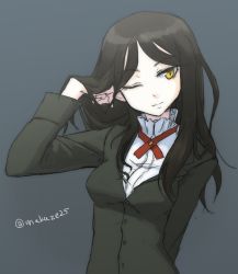 Rule 34 | 1girl, ;), black hair, constantia cantacuzino, hand in own hair, long hair, long sleeves, looking away, makaze (t-junction), military, military uniform, one eye closed, smile, solo, strike witches, twitter username, uniform, upper body, world witches series, yellow eyes