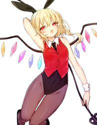 Rule 34 | 1girl, alternate costume, animal ears, arm up, bad id, bad pixiv id, bare arms, blonde hair, brown pantyhose, covered navel, crystal, detached collar, fake animal ears, fang, flandre scarlet, highleg, honotai, laevatein, leotard, looking at viewer, necktie, open mouth, pantyhose, playboy bunny, rabbit ears, red eyes, short hair, side ponytail, simple background, sleeveless, solo, touhou, vest, white background, wings, wrist cuffs
