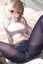 Rule 34 | 1girl, anger vein, antenna hair, arcueid brunestud, arm up, bad id, bad twitter id, black nails, black pantyhose, blonde hair, blue skirt, blurry, blurry background, blush, breasts, brown footwear, cameltoe, commentary, eyes visible through hair, facial mark, hair intakes, highres, large breasts, long sleeves, looking at viewer, midriff, nail polish, open mouth, outdoors, panties, panties under pantyhose, pantyhose, pantyshot, pleated skirt, red eyes, short hair, sitting, skirt, solo, spread legs, suou-sensei, sweater, teeth, tsukihime, turtleneck, underwear, upper teeth only, whisker markings, white panties, white sweater