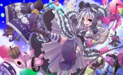 Rule 34 | 1girl, alternate costume, alternate hair color, arms up, bad id, bad pixiv id, belt, black dress, black thighhighs, bloomers, blue hair, blush, bow, brooch, cat, crown, dress, embodiment of scarlet devil, falling, female focus, flandre scarlet, frills, gothic lolita, gradient hair, hat, hat ribbon, highres, jewelry, lolita fashion, long sleeves, multicolored hair, necklace, open mouth, outstretched hand, platform footwear, ribbon, shunsuke, side ponytail, silver hair, solo, striped clothes, striped thighhighs, stuffed animal, stuffed toy, teddy bear, thighhighs, top hat, touhou, toy, umbrella, underwear, zettai ryouiki