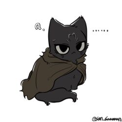 Rule 34 | ..., ?, animal, animal focus, animalization, black cat, black eyes, brown cape, cape, cat, clothed animal, commentary request, highres, korean commentary, no humans, omniscient reader&#039;s viewpoint, san saaaaan, simple background, solo, twitter username, white background, yoo joonghyuk