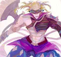 Rule 34 | 1boy, abs, axe, bare pectorals, blonde hair, blue eyes, chest harness, cowboy shot, fate/grand order, fate (series), fingerless gloves, gloves, harness, headband, highres, holding, holding axe, holding weapon, igote, looking at viewer, lousun, male focus, muscular, muscular male, official alternate costume, pectorals, sakata kintoki (fate), sakata kintoki (heian warrior attire) (fate), short hair, simple background, single bare shoulder, smile, solo, weapon, white background