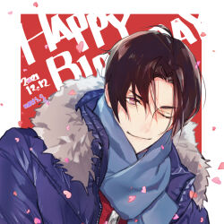 Rule 34 | 1boy, artist name, black hair, black jacket, closed mouth, dated, english text, fur-trimmed jacket, fur trim, grey scarf, hair between eyes, happy birthday, heart, jacket, kusanagi kyou, male focus, mmts g, one eye closed, parted bangs, scarf, short hair, smile, solo, the king of fighters, the king of fighters for girls