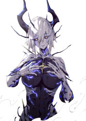 Rule 34 | 1girl, absurdres, black horns, black sclera, breasts, colored sclera, copyright request, fingernails, hair between eyes, highres, horns, huang (volt0526), large breasts, long fingernails, looking at viewer, monster girl, orange eyes, revision, short hair, simple background, solo, white background, white hair