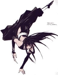 Rule 34 | 1boy, backless outfit, bare back, bare shoulders, black hair, bleach, claw ring, cosplay, csanaca, dated, detached sleeves, floating hair, hakama, halterneck, handstand, harrison dirk, higeki no genkyou tonaru saikyou gedou last boss joou wa tami no tame ni tsukushimasu, highres, hip vent, japanese clothes, long hair, looking at viewer, male focus, outstretched arm, outstretched leg, sash, shoe soles, shoes, simple background, sketch, solo, sui-feng, sui-feng (cosplay), twitter username, white background