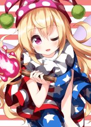 Rule 34 | 1girl, ;d, american flag dress, american flag legwear, blonde hair, clownpiece, dress, fire, flower, hat, highres, holding, holding torch, jester cap, long hair, looking at viewer, multicolored background, neck ruff, one eye closed, open mouth, pantyhose, pink eyes, pink fire, pink hat, polka dot headwear, red background, ruu (tksymkw), short sleeves, smile, solo, star (symbol), star print, striped background, striped clothes, striped dress, striped legwear, striped pantyhose, torch, touhou, two-tone background, white background