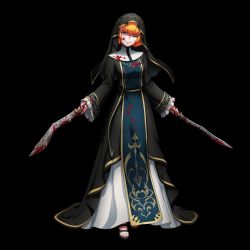 Rule 34 | 1girl, blood, blood on clothes, blood on face, clementine (overlord), highres, knife, nun, one eye closed, orange eyes, orange hair, overlord (maruyama), sandals, short hair, smile, solo, tagme, transparent background, weapon