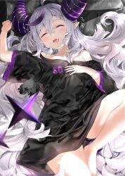 Rule 34 | 1girl, absurdres, bare shoulders, black shirt, blush, breasts, closed eyes, collarbone, demon horns, grey hair, hair between eyes, highres, hololive, horns, kou mashiro, la+ darknesss, long hair, lying, multicolored hair, off shoulder, on back, open mouth, pointy ears, purple hair, shirt, short sleeves, sleeping, small breasts, solo, streaked hair, striped horns, thighs, two-tone hair, very long hair, virtual youtuber