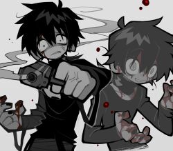 Rule 34 | 1boy, absurdres, aiming, aiming at viewer, anger vein, black hair, black nails, black sweater, blood, clenched teeth, dark konoha, gun, highres, holding, holding gun, holding weapon, kagerou project, konoha (kagerou project), long sleeves, looking at viewer, low ponytail, male focus, neck warmer, sharp teeth, simple background, slit pupils, smoke, smoking gun, sweater, teeth, tonkatsu184, weapon, white background, yellow eyes