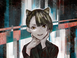 Rule 34 | 1girl, abstract background, absurdres, animal ears, black shirt, brown eyes, brown hair, cat ears, commentary, english commentary, hands up, head rest, highres, long sleeves, looking at viewer, original, parted lips, shirt, short hair, solo, upper body, yuu akine