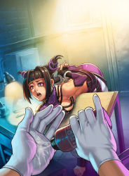 Rule 34 | 1girl, arms behind back, ass, bdsm, belt, bent over, black hair, bondage, bound, breasts, capcom, chinese clothes, cuffs, detached sleeves, drill hair, dudou, fingerless gloves, gloves, halterneck, han juri, handcuffs, highres, imminent rape, large breasts, latex, latex gloves, long hair, lube, nail polish, open mouth, out of character, panties, panties over pantyhose, pantyhose, pink pantyhose, pov, purple eyes, purple nails, scared, sideboob, solo focus, speh, street fighter, street fighter iv (series), table, teardrop, toeless legwear, toenail polish, toenails, toes, twin drills, underwear