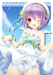 Rule 34 | 10s, 1girl, ;d, aono ribbon, bare shoulders, blush, bow, bow panties, brown eyes, clothes lift, dress, dress lift, frills, hat, idolmaster, idolmaster cinderella girls, jewelry, koshimizu sachiko, necklace, one eye closed, open mouth, panties, purple hair, short hair, side-tie panties, smile, solo, strapless, strapless dress, underwear, white dress, white panties, wings, wink, wrist cuffs