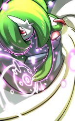 Rule 34 | absurdres, blurry, colored skin, commentary request, creatures (company), energy, game freak, gardevoir, gen 3 pokemon, glowing, green hair, highres, kakashino kakato, looking at viewer, medium hair, nintendo, pokemon, pokemon (creature), red eyes, solo, white skin