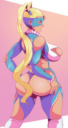 Rule 34 | 1girl, absurdres, ass, ass cutout, ass grab, back cutout, bare shoulders, blonde hair, blue eyes, breasts, cleavage cutout, clothing cutout, from behind, grabbing own ass, highres, huge ass, large breasts, leotard, long hair, mask, rainbow mika, revealing clothes, sideboob, sonson-sensei, street fighter, thong leotard, twintails, wrestling outfit