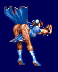 Rule 34 | 1girl, anus, ass, bent over, blue background, blue dress, boots, bracelet, breasts, brown hair, bun cover, capcom, china dress, chinese clothes, chun-li, double bun, dress, from behind, hair bun, jewelry, kikouken, large breasts, no panties, pantyhose, pixel art, puffy sleeves, pussy, saiwai hiroshi, short sleeves, spiked bracelet, spikes, standing, street fighter, white footwear
