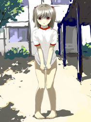 Rule 34 | 1girl, blush, bottomless, covering privates, covering crotch, day, gym uniform, no panties, original, outdoors, pigeon-toed, red eyes, school, shirt, shirt tug, short hair, solo, t-shirt