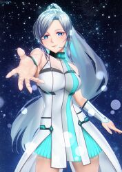 Rule 34 | 1girl, aqua dress, bare shoulders, blue eyes, blush, breasts, closed mouth, collarbone, commentary, cowboy shot, d4dj, detached sleeves, dress, eurylena, fingernails, foreshortening, grey hair, hand up, headphones, headset, high ponytail, highres, large breasts, layered dress, light particles, long hair, looking at viewer, microphone, neon trim, night, night sky, niijima ibuki, open hand, outdoors, outstretched arm, parted bangs, pleated dress, ponytail, reaching, reaching towards viewer, short sleeves, sidelocks, sky, sleeveless, sleeveless dress, smile, solo, standing, star (sky), twitter username, two-tone dress, very long hair, white dress