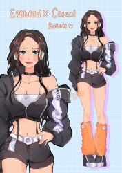 Rule 34 | 1girl, alternate costume, belt, black choker, black hair, black shorts, blue eyes, bra, choker, commentary, cropped jacket, duckprotector26, english commentary, eyelashes, hand on own hip, headphones, heart, high heels, highres, long hair, looking at viewer, multiple views, nico robin, one piece, pink lips, shorts, sidelocks, simple background, smile, underwear, white belt, white nails