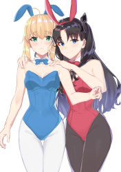 Rule 34 | 2girls, ahoge, alternate costume, animal ears, artoria pendragon (all), artoria pendragon (fate), bad id, bad pixiv id, black bow, black legwear, blonde hair, blue eyes, blue leotard, blue neckwear, bow, bowtie, breasts, brown hair, chip le cree, cleavage, closed mouth, detached collar, fake animal ears, fate/stay night, fate (series), gluteal fold, green eyes, hair between eyes, hair bow, hair intakes, hairband, hands on another&#039;s shoulders, highres, leotard, long hair, looking at viewer, multiple girls, pantyhose, playboy bunny, rabbit ears, red bow, red hairband, red leotard, red neckwear, saber (fate), short hair with long locks, sidelocks, simple background, small breasts, smile, standing, strapless, strapless leotard, thigh gap, tohsaka rin, very long hair, white background, white legwear
