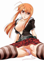 Rule 34 | 1girl, blush, breasts, cleavage, glasses, hasegawa chisame, jpeg artifacts, large breasts, mahou sensei negima!, mutou keiji, open clothes, open shirt, shirt, solo, spread legs, striped clothes, striped thighhighs, thighhighs