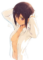 Rule 34 | 1girl, breasts, cleavage, dress shirt, drying hair, hair between eyes, kinta (distortion), looking at viewer, naked shirt, navel, open clothes, open shirt, original, purple eyes, purple hair, shirt, short hair, simple background, solo, towel, wet, white background
