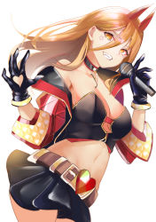 Rule 34 | 1girl, absurdres, alternate costume, bad id, bad pixiv id, belt, black gloves, black skirt, blonde hair, breasts, chainsaw man, choker, from above, gloves, hand up, highres, holding, holding microphone, horns, jinpaitugounan, long hair, looking at viewer, medium breasts, microphone, navel, orange eyes, power (chainsaw man), skirt, solo, standing, star (symbol), white background