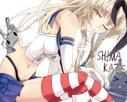 Rule 34 | &gt; &lt;, 10s, 1girl, :3, aged up, bad id, bad pixiv id, blonde hair, closed eyes, elbow gloves, finger to mouth, gloves, highleg, highleg panties, highres, kantai collection, kzhu, long hair, navel, one eye closed, panties, rensouhou-chan, sailor collar, shimakaze (destroyer), shimakaze (kancolle), skirt, striped clothes, striped thighhighs, thighhighs, underwear, white gloves, wink, yellow eyes