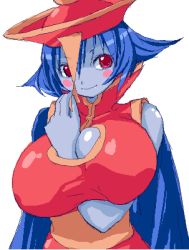 Rule 34 | 1girl, artist request, between breasts, blue hair, blue skin, blush, blush stickers, breasts, capcom, cape, cleavage, cleavage cutout, clothing cutout, colored skin, demon girl, fangs, flipped hair, hat, huge breasts, jiangshi, lei lei, lowres, oekaki, qingdai guanmao, red eyes, solo, vampire (game)