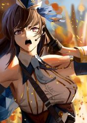 Rule 34 | 1girl, black gloves, blue necktie, blue ribbon, breasts, brown eyes, brown hair, collared shirt, detached sleeves, earpiece, explosion, garrison cap, gloves, goddess of victory: nikke, half gloves, hat, large breasts, long hair, marian (nikke), microphone, necktie, open mouth, ribbon, s3t, shirt, sleeveless, sleeveless shirt, solo, white shirt